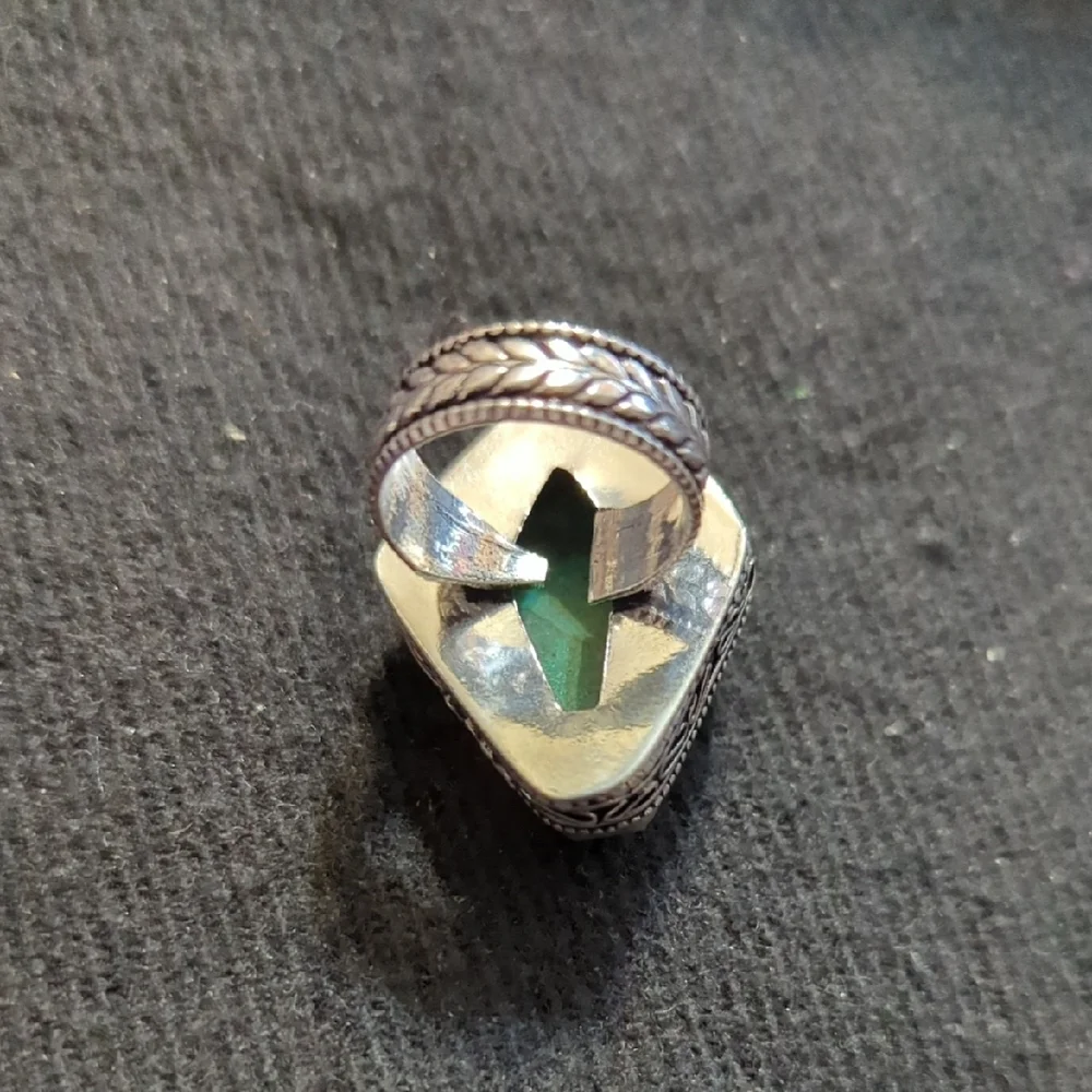 Silver Plated Green Malachite Gemstone Chunky Statement Ring - Size 7-8
